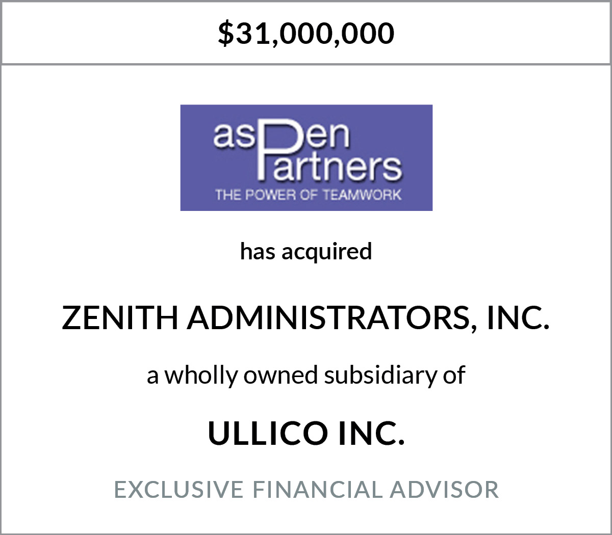 Aspen Partners LLC has acquired Zenith Administrators Inc.